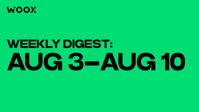 A green banner featuring the "WOO X" logo in the top left and bold black text reading "WEEKLY DIGEST: AUG 3 – AUG 10" serves as a header graphic for the WOO X platform's weekly recap of ecosystem updates and news.