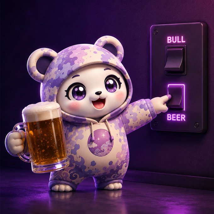 A 3D-rendered illustration of a cute purple and white bear-like character in a patterned hoodie holding a glass mug of beer, pointing toward a wall switch panel labeled "BULL" and "BEER" in glowing neon text.