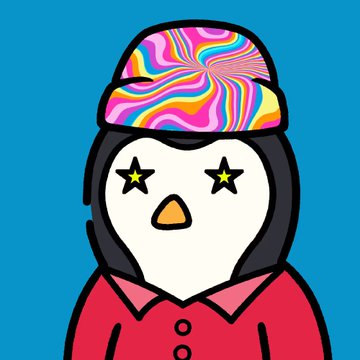 A cartoon penguin character wearing a vibrant rainbow swirl cap with star-shaped eyes and a red outfit, posted as a call-to-action prompting followers to share their $ETH wallet. The colorful, eye-catching illustration serves to engage crypto enthusiasts and attract responses to the giveaway request.
