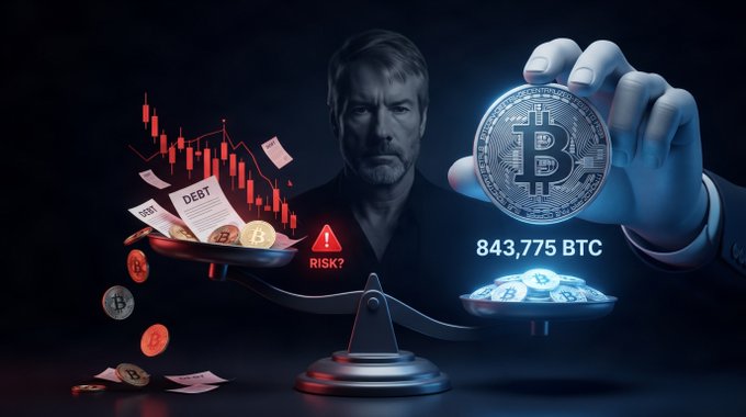 A man holds a Bitcoin coin above a scale with the text '843,775 BTC', while the other side shows falling debt documents labeled 'DEBT' alongside a red 'RISK?' warning and declining chart bars.