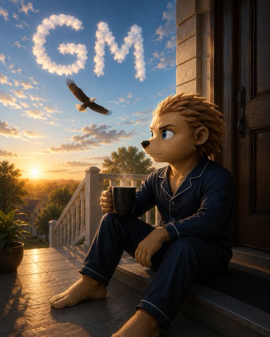 An anthropomorphic lion-like character in blue pajamas sits on a porch at sunset holding a steaming mug, watching a bird fly near clouds shaped to spell 'GM'.