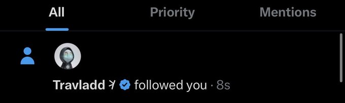 A notification on X shows that the account "Travladd ✓" followed the user 8 seconds ago, supporting the post's claim of genuine, non-promotional conviction behind the creator's $KAS endorsement.