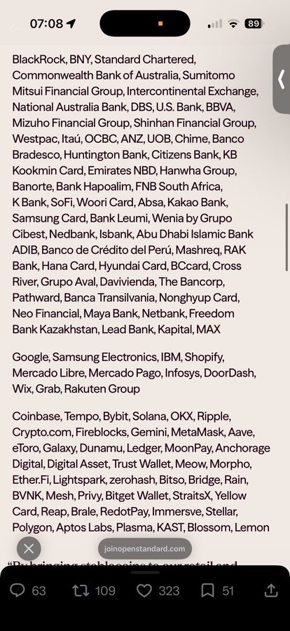 A mobile screenshot of a Twitter/X post listing partner companies grouped by category - major banks (BlackRock, BNY, Standard Chartered, etc.), tech companies (Google, Samsung, IBM, etc.), and crypto firms (Coinbase, Bybit, Solana, Ripple, etc.).