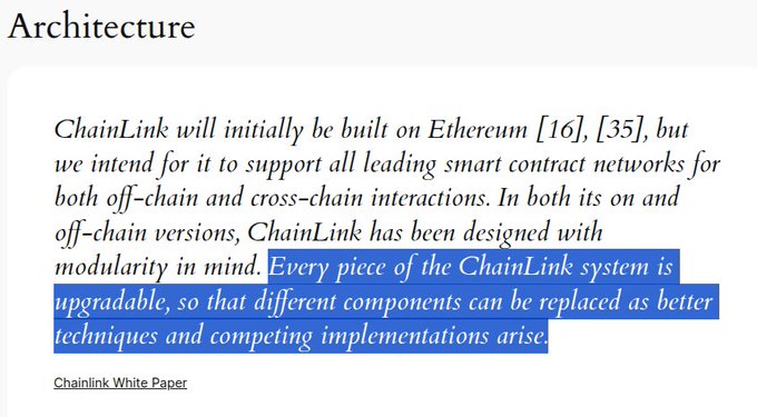 An excerpt from the ChainLink White Paper describing architecture, with a highlighted sentence: 'Every piece of the ChainLink system is upgradable, so that different components can be replaced as better techniques and competing implementations arise.'