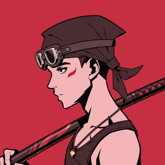 An anime-style illustration of a character with goggles on their forehead, a dark bandana, red face markings, and a katana slung over their shoulder against a red background.