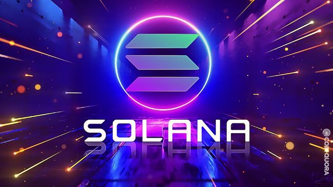 A vibrant promotional graphic for the Solana cryptocurrency featuring its logo, neon purple and pink lighting effects, and the Cointadora watermark.