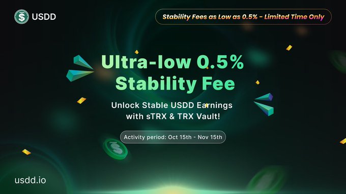 A promotional banner for USDD advertising an "Ultra-low 0.5% Stability Fee" for unlocking stable USDD earnings with sTRX & TRX Vault, running from Oct 15th to Nov 15th.