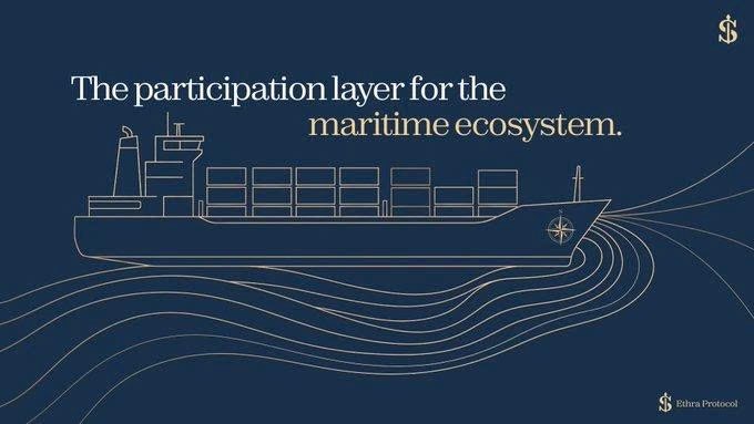 A dark blue graphic features a line-drawn cargo ship on waves with the text "The participation layer for the maritime ecosystem" and the "S\$ Shra Protocol" logo.