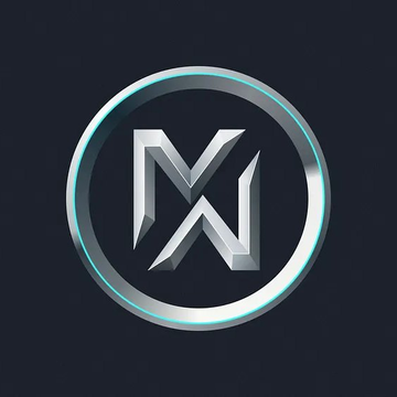 A circular logo featuring a stylized silver/white 'N' or geometric 'M' monogram design on a dark background with a light blue circular border.