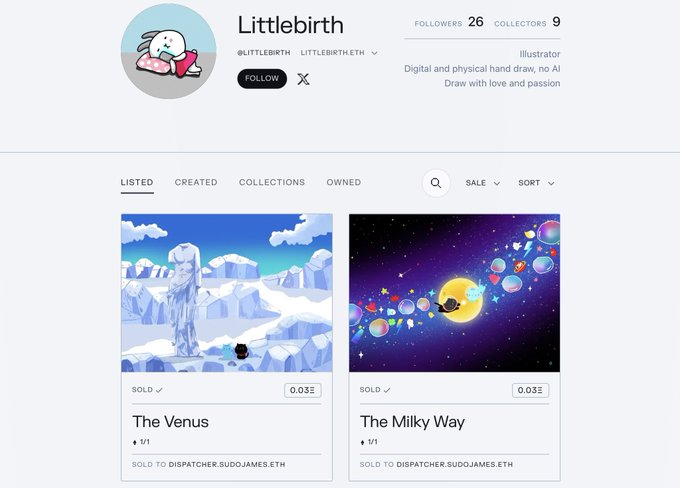 An NFT marketplace profile page for the artist 'Littlebirth' (@littlebirth.eth), an illustrator with 26 followers and 9 collectors, displaying sold listings 'The Venus' and 'The Milky Way' both at 0.03 ETH.