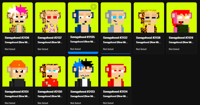 A digital marketplace interface displays a grid of pixel-art NFT avatars labeled 'Savagahood' with various numbers (#2136, #2137, #2135, etc.), all marked as 'Not listed.'