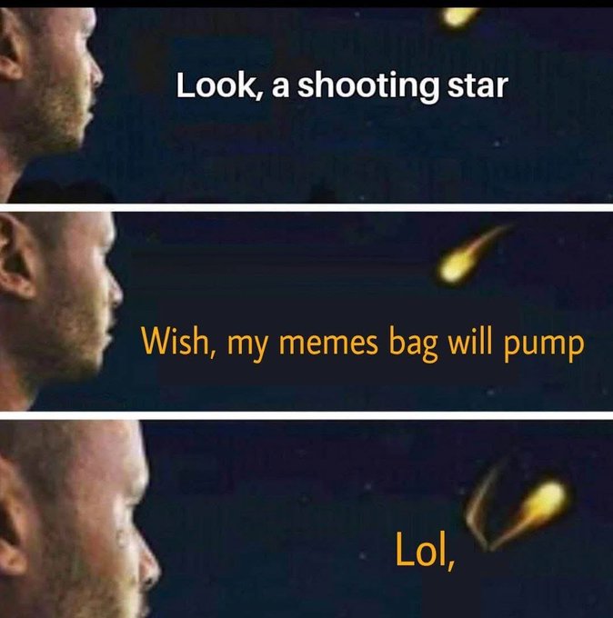 The image shows a man looking up at a shooting star while three different posts are displayed below him. The first post reads "Look, a shooting star", followed by an image of a shooting star, and then another post that says "Wish, my memories bag will pump". The third post is titled "LOL," which is likely meant to be humorous or playful in nature.