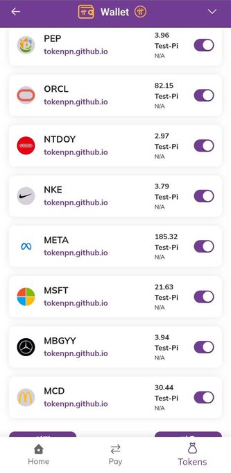 A Pi Wallet screenshot displaying eight tokenized stocks (PEP, ORCL, NTDOY, NKE, META, MSFT, MBGYY, MCD) hosted on tokenpn.github.io with Test-Pi prices and N/A values, illustrating the global stock market accessibility promoted by the Pi Network wallet.