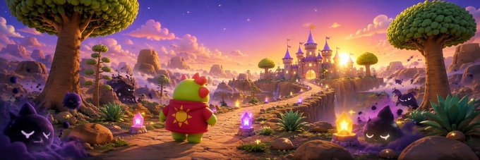 A colorful digital fantasy illustration featuring a green dinosaur-like character with a sun emblem on its back, looking toward a distant castle at sunset with purple shadow creatures.