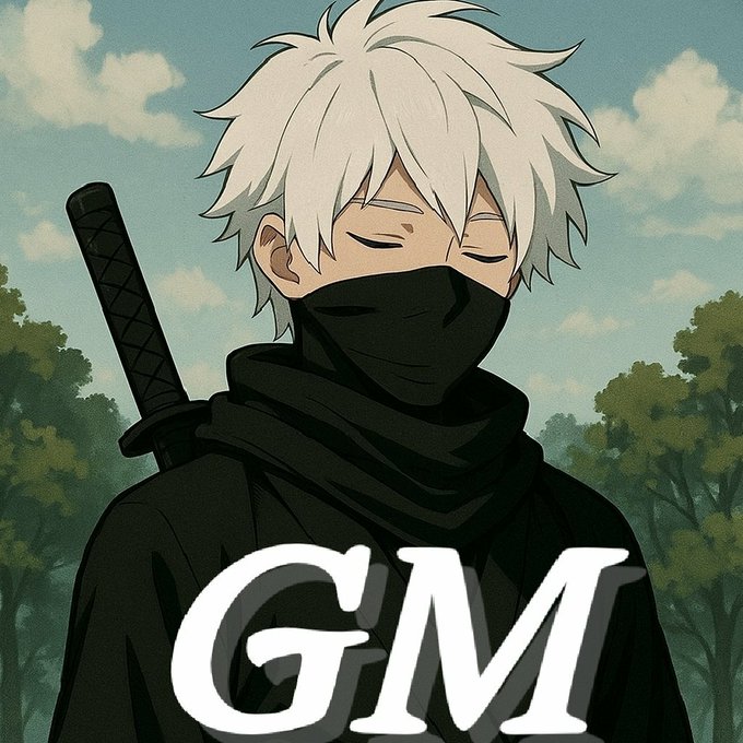 An anime-style illustration of a white-haired character wearing a black mask and scarf, with a sword on their back, overlaid with the large white letters 'GM' against a sky and trees background.