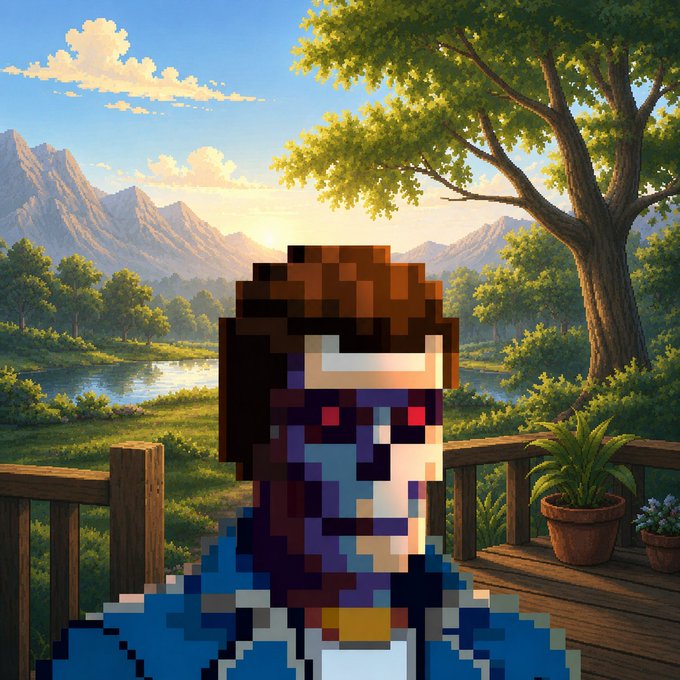 A pixel-art character with glowing red eyes stands on a wooden deck overlooking a serene mountain landscape at sunset, blending retro gaming aesthetics with peaceful scenery to complement the motivational message about staying active and focused in the NFT community.