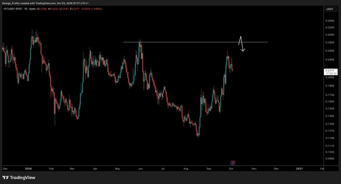 A TradingView candlestick chart of FET/USDT on the 1-day timeframe shows price currently around $0.2163, having rejected from a horizontal resistance zone near $0.28, with the author expecting a dip before another attempt to test higher levels.