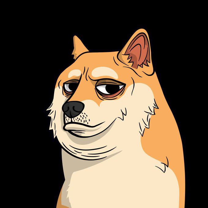 A cartoon-style drawing of a Shiba Inu dog with a slightly disappointed or skeptical expression.