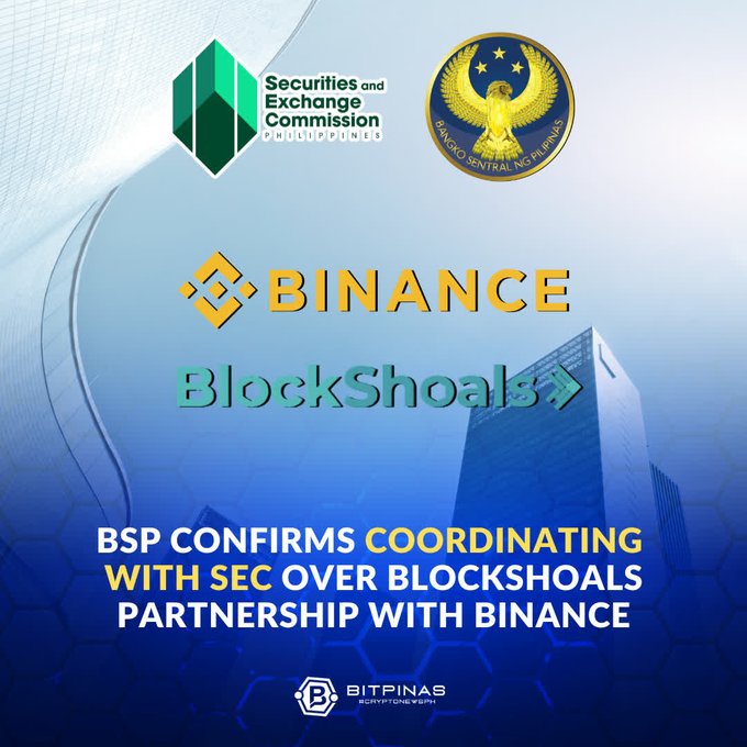 The image features two logos - one for Bitcoin and another for BlockShoals Technologies Inc., both of which are located at the bottom center of the image. The text above these logos reads "BSP confirms coordinating with SEC over BlockShoals partnerships with binance." This suggests that the Bitcoin Association has confirmed a partnership between BlockShoals and Bitcoin, indicating that they have been working together to establish a VASP (Voluntary Accounting Program) for Bitcoin exchanges.
