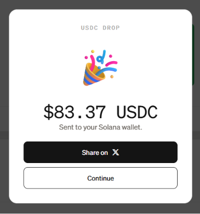 A confirmation screen from PayBox by Moonpay shows a "$83.37 USDC Drop" labeled "USDC DROP" at the top, with the text "Sent to your Solana wallet." The interface features a colorful party popper illustration and provides buttons to "Share on X" or "Continue," representing the free USDC airdrop users receive after connecting their wallet and X account.