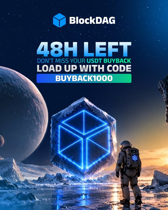 A space-themed promotional image for BlockDAG features an astronaut standing on an icy planet surface beside a glowing blue cube, with bold text announcing "48H LEFT" for a USDT buyback opportunity using the code "BUYBACK1000." The futuristic sci-fi aesthetic reinforces the urgency of the crypto buyback promotion highlighted in the accompanying post.