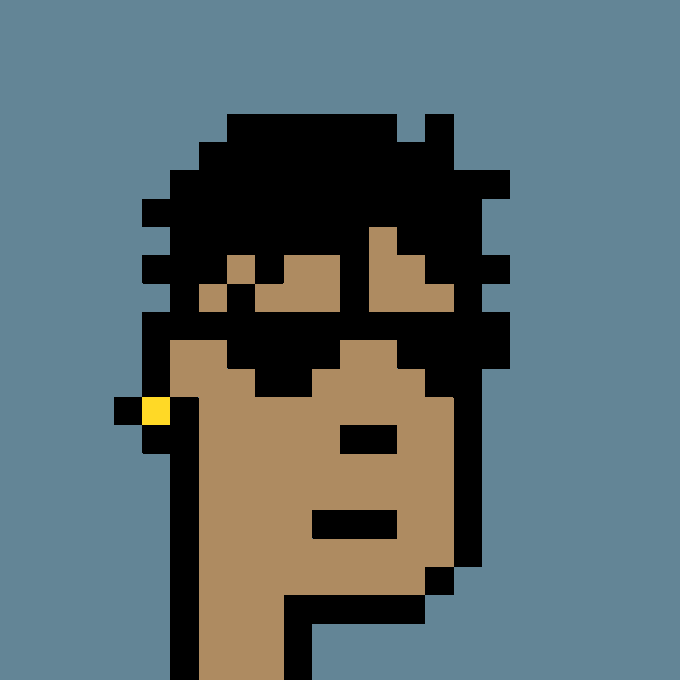A minimalist pixel art portrait of a person's face in profile with brown skin and black hair against a solid blue background.