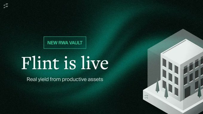 The image features an advertisement for a vault service called @flintrwa, which was launched on June 8th. The text "it just got to my attention that @flintrwa just launched their vault on @lagoon_finance back on june" indicates that the post is about the new vault service. The image also includes a 3D rendering of a building and a tree, which are part of the advertisement's visual elements.