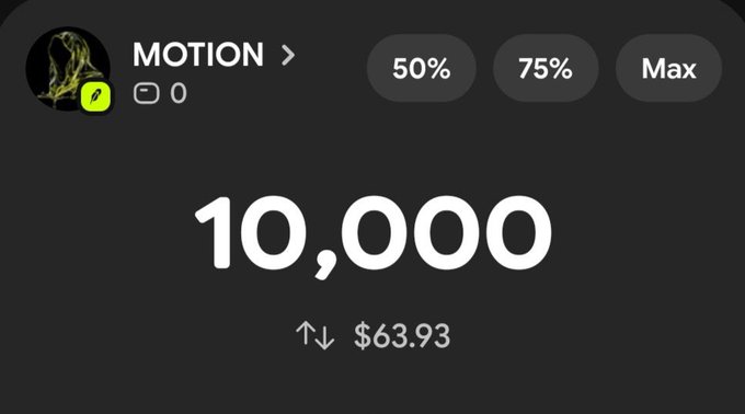 A digital wallet interface displays 'MOTION' with a balance of '10,000' valued at '$63.93', with percentage buttons (50%, 75%, Max) at the top.