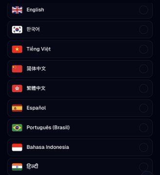A dark-themed language selection menu displaying flags and names for English, 한국어, Tiếng Việt, 简体中文, 繁體中文, Español, Português (Brasil), Bahasa Indonesia, and हिन्दी.