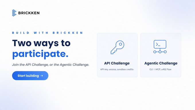 A promotional webpage for Brickken displaying 'Two ways to participate' with two options: 'API Challenge' (API-key access, sandbox credits) and 'Agentic Challenge' (CLI / MCP, x402 flow), along with a 'Start building' button.
