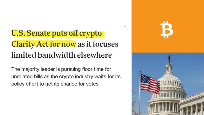 A news headline stating 'U.S. Senate puts off crypto Clarity Act for now as it focuses limited bandwidth elsewhere,' accompanied by a Bitcoin logo and U.S. Capitol image.