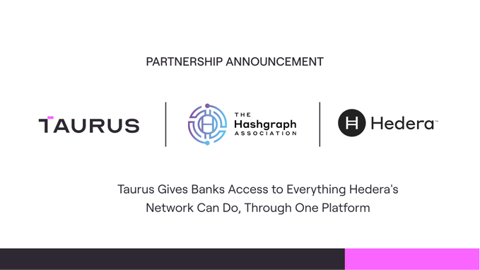 A partnership announcement slide displaying logos for Taurus, The Hashgraph Association, and Hedera, with text stating 'Taurus Gives Banks Access to Everything Hedera's Network Can Do, Through One Platform.'