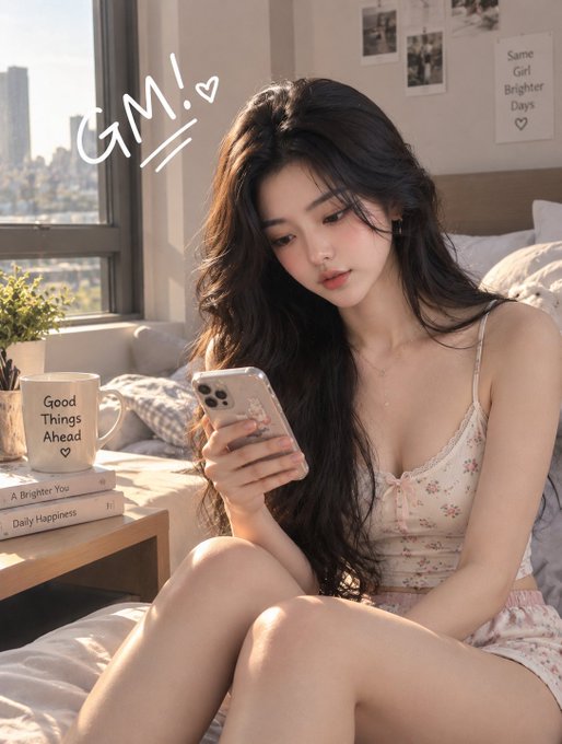 A stylized photo of a young woman in a floral two-piece outfit sitting on a bed looking at her phone, featuring 'GM! ♥' text overlay, decorative 'Good Things Ahead' and 'A Brighter You' props, and a 'Same Girl Brighter Days' poster.