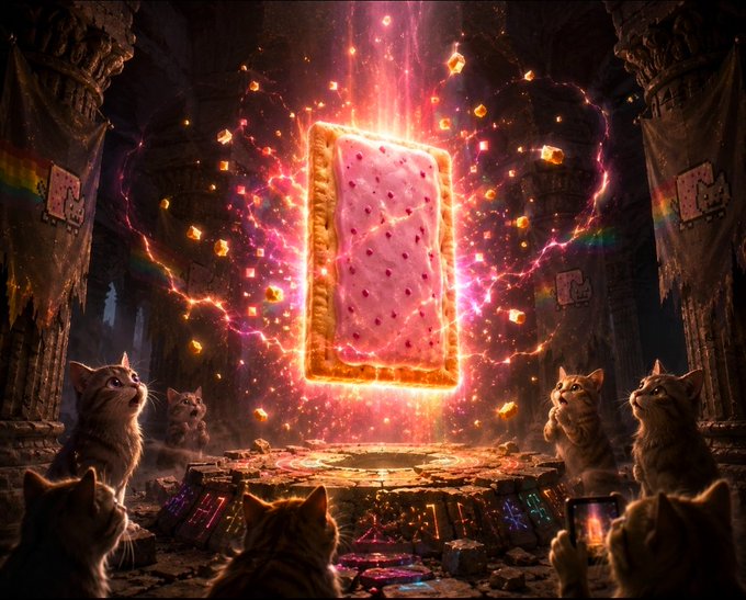 A surreal digital artwork depicting kittens gazing up at a glowing, floating Pop-Tart radiating pink energy and embers within a dark, temple-like ruin.