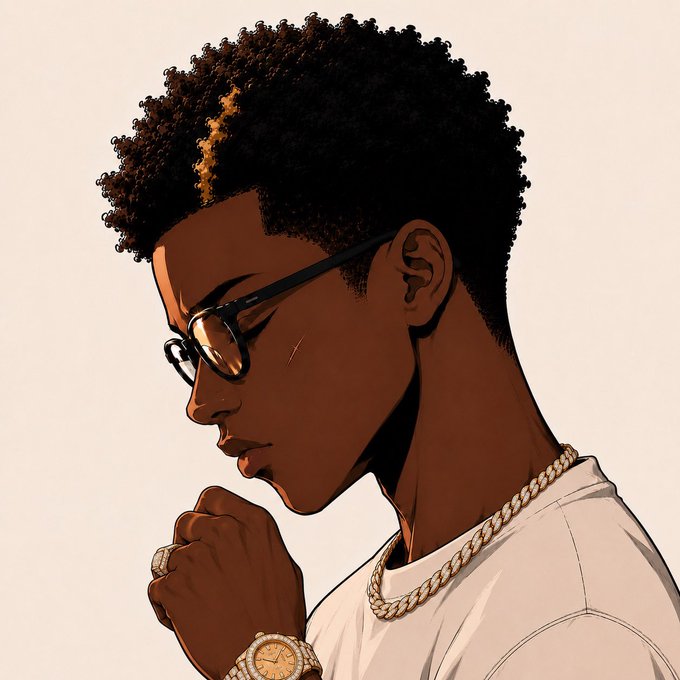 An illustrated side-profile portrait of a man with a high-top fade haircut, sunglasses, a gold chain, and a gold watch, with his fist raised near his face.