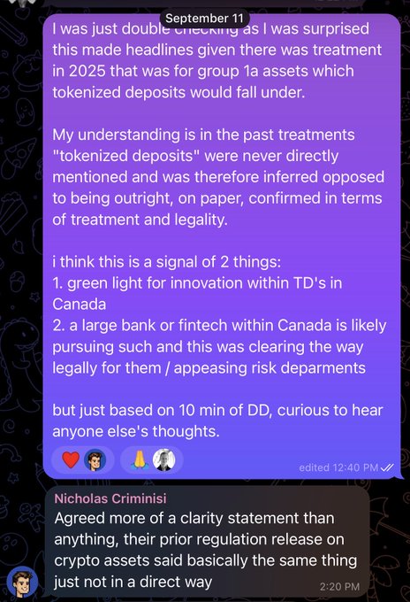 A Telegram message dated September 11 discussing 2025 treatment of tokenized deposits under Group 1A assets, suggesting it's a green light for TD's innovation in Canada, with a reply from Nicholas Criminisi clarifying it's more of a clarity statement.