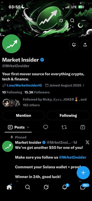 A screenshot of an X (formerly Twitter) profile page for @MrketInsider titled 'Market Insider', featuring a pinned post that reads 'We've got another $50 for one of you!' and mentions a 'Solana wallet' giveaway.