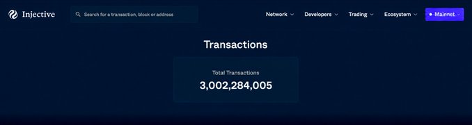 Screenshot of the Injective blockchain explorer website displaying 'Total Transactions: 3,002,284,005' on a dark blue background.