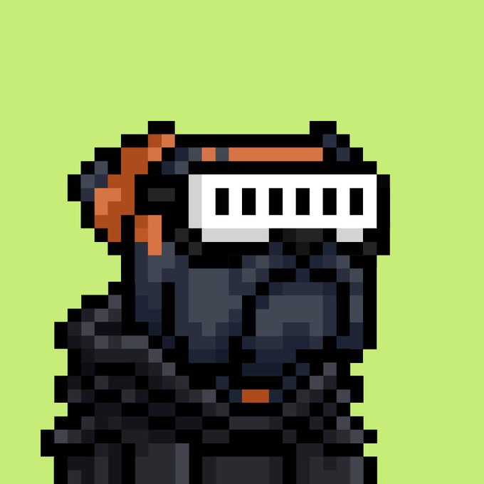 A pixel art rendering of a dark, armored character with a helmet visor featuring multiple vertical slots, set against a green background.
