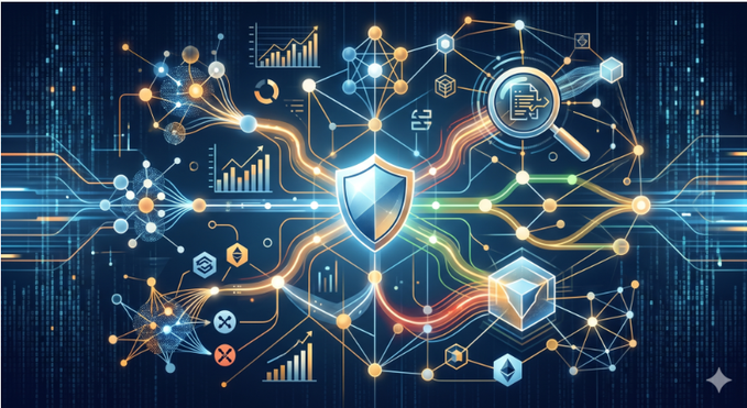 A digital illustration depicting a network of connected nodes and data flows centered around a blue shield icon, surrounded by charts, a magnifying glass, and a cube, symbolizing cybersecurity and data analytics.