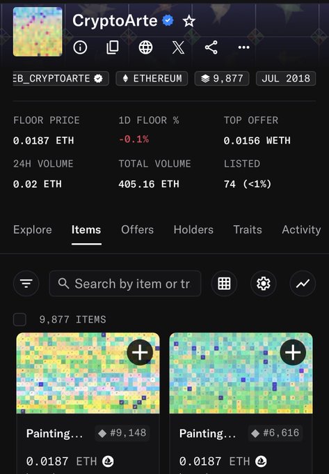 A CryptoArte NFT collection page on Ethereum shows a floor price of 0.0187 ETH, a top offer of 0.0156 WETH, 9,877 items, and previews of colorful pixelated painting NFTs.