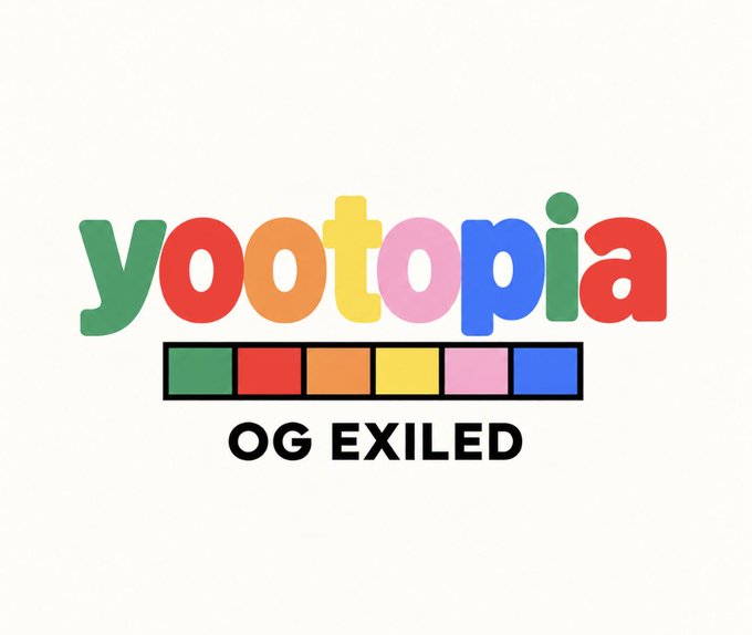 A colorful logo reading "yootopia" in rainbow letters with colored squares beneath and "OG EXILED" in black text below.