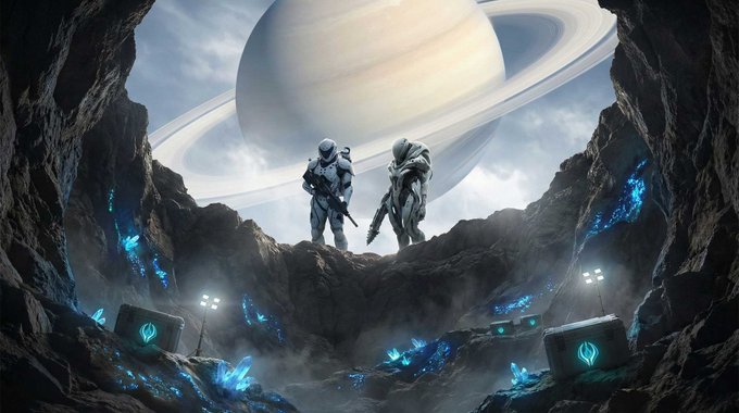 Two armored figures stand on rocky terrain overlooking a large ringed planet, surrounded by glowing blue crystals and equipment.