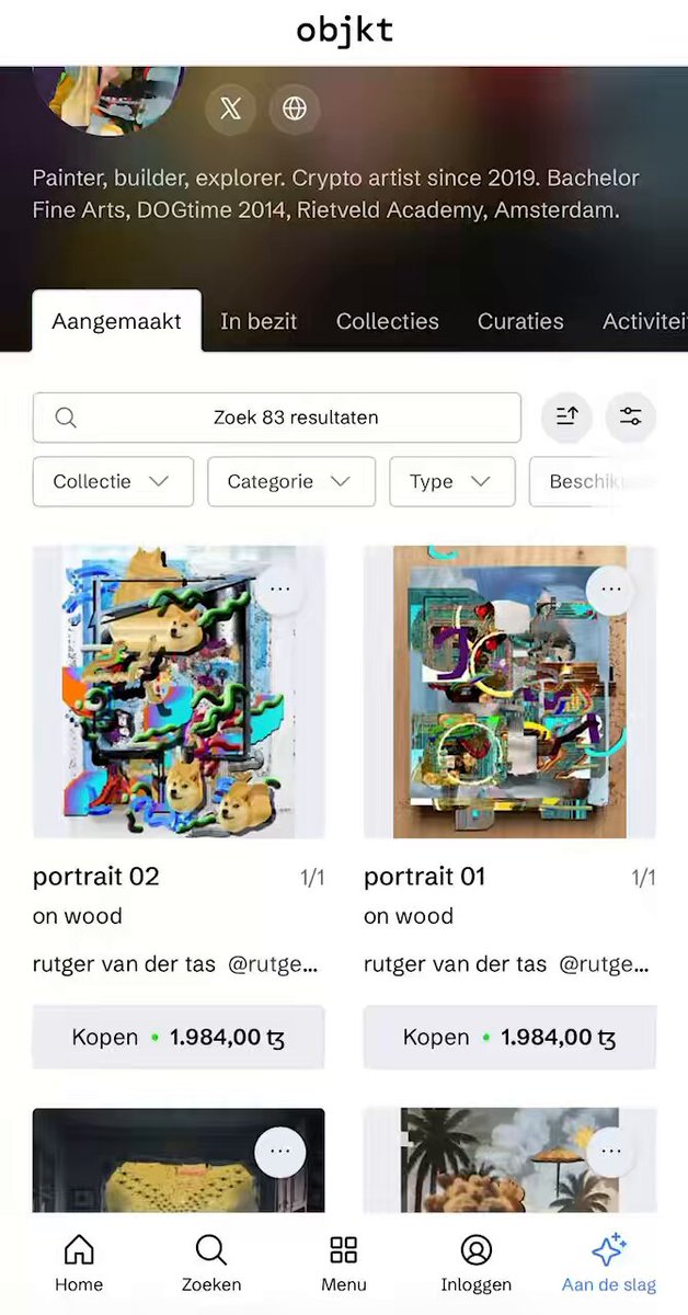 The image shows a phone screen displaying an art gallery app with various paintings and drawings displayed, including one that has a picture of a cat. The app also provides information about each artwork, such as the artist's name, the price, and the type of painting or drawing it is (portrait, landscape, etc.). The post on this app reads: "Art I see doge". This suggests that the user might be interested in art or has recently viewed a piece of art.