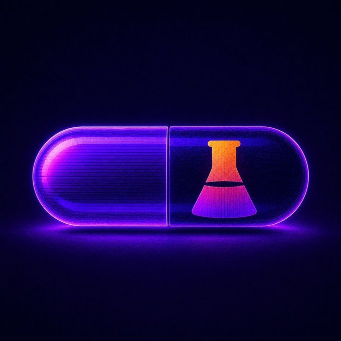 A neon-lit 3D illustration of a purple capsule pill containing a glowing orange and pink Erlenmeyer flask, set against a dark background.
