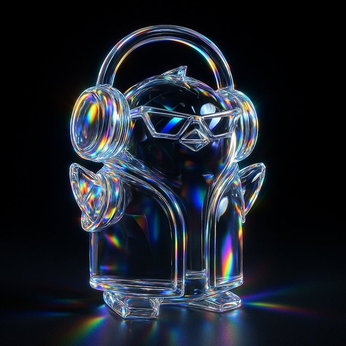 A 3D rendered figure with a black glossy core is encased in a transparent, prismatic shell shaped like a character wearing large headphones and angular sunglasses, refracting rainbow light against a dark background.