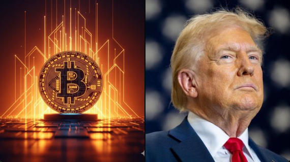 The image shows a Bitcoin symbol next to Donald Trump, illustrating how his media company is reportedly buying Bitcoin, with total holdings now exceeding $900M.