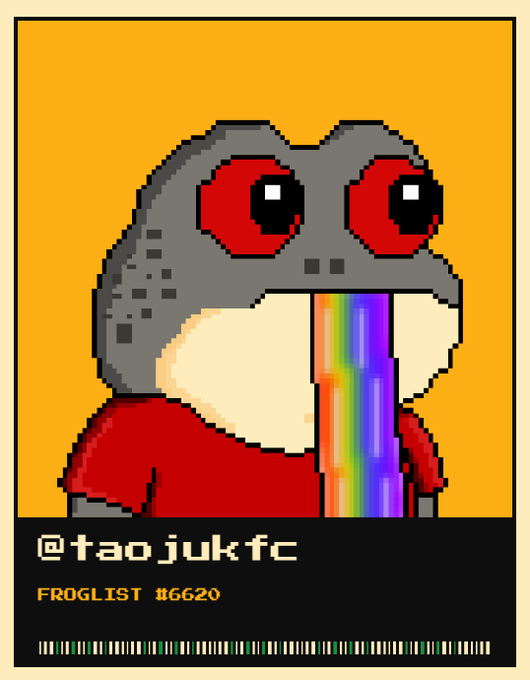 A pixel art image of a gray frog with red eyes vomiting a rainbow, labeled '@taojukfc' and 'FROGLIST #6620' on a yellow background.