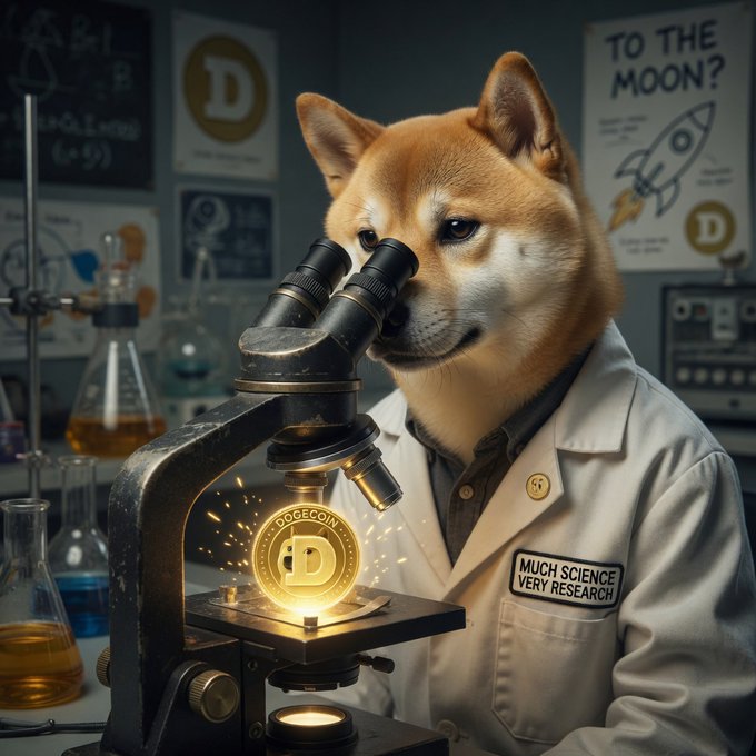 A Shiba Inu wearing a "MUCH SCIENCE VERY RESEARCH" lab coat peers through a microscope at a glowing Dogecoin under the tagline "TO THE MOON?" — perfectly capturing the hopeful, meme-fueled optimism behind the post's bet on $DOGE reaching $1.