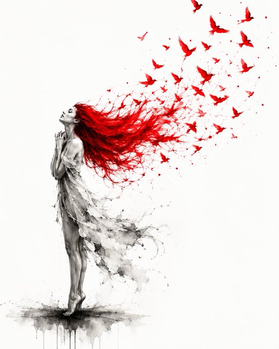 A grayscale watercolor illustration of a woman with flowing hair that dissolves into a vibrant red flock of birds taking flight, symbolizing liberation and transcendence—visually embodying the artwork's title "Where I Become Free."
